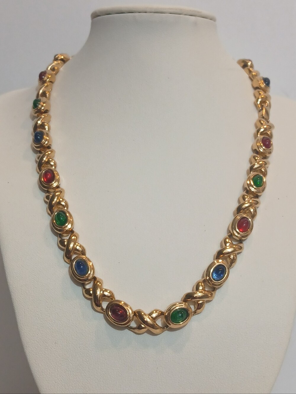 Vintage Mogul Gold Tone X-O Choker Necklace With Glass Cabochons